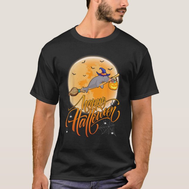 Camiseta Manatee Ride Witch Shotgun Engraçado Manatee Hallo (Frente)