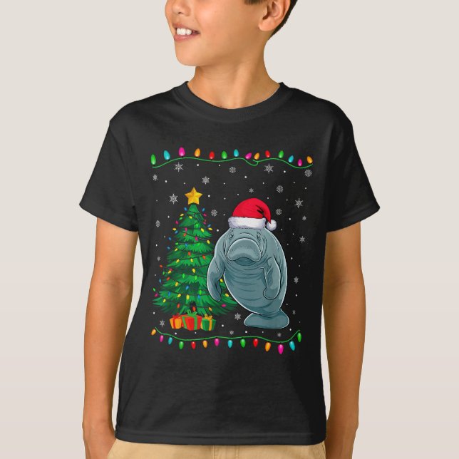 Camiseta Manatee Santa Hat Men Women Kids Christmas Tree Li (Frente)