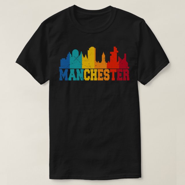 Camiseta Manchester Retro Skyline Reino Unido (Frente do Design)