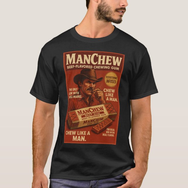 Camiseta ManChew Beef Gum – Retro Macho Parody Shirt (Frente)