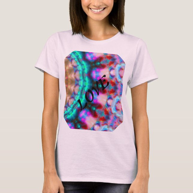 Camiseta Mandala-coloração-rosa-vermelha-azul-caleidoscópio (Frente)