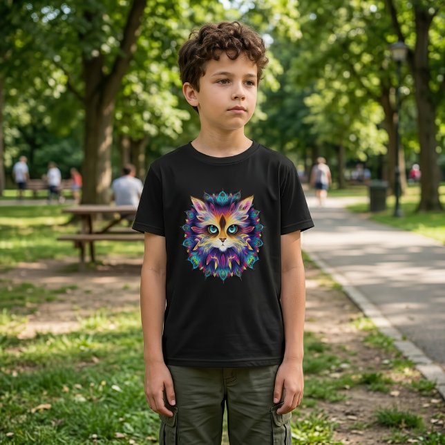 Camiseta Mandala com um retrato de gato peludo (Mandala with cute furry Cat portrait. Boy Basic Black T-Shirt)