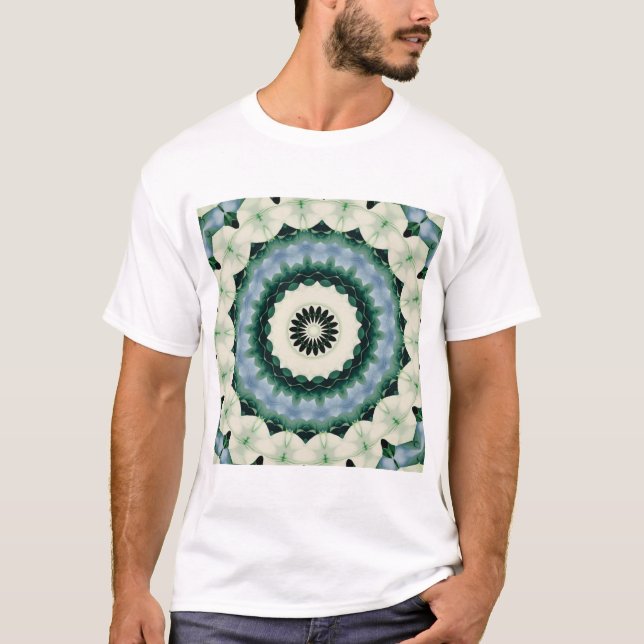 Camiseta Mandala da flor branca e do azul Cerulean (Frente)