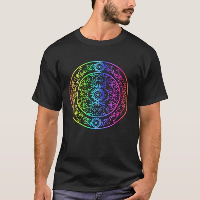 Camiseta Mandala de Arco-íris Flor de Roseta Geometria Vibe (Frente)