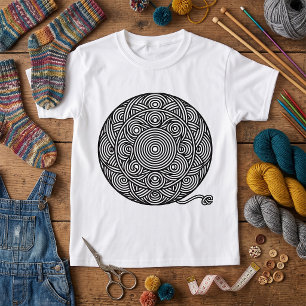 Camiseta Mandalá de Bola de Fio Preto e Branco