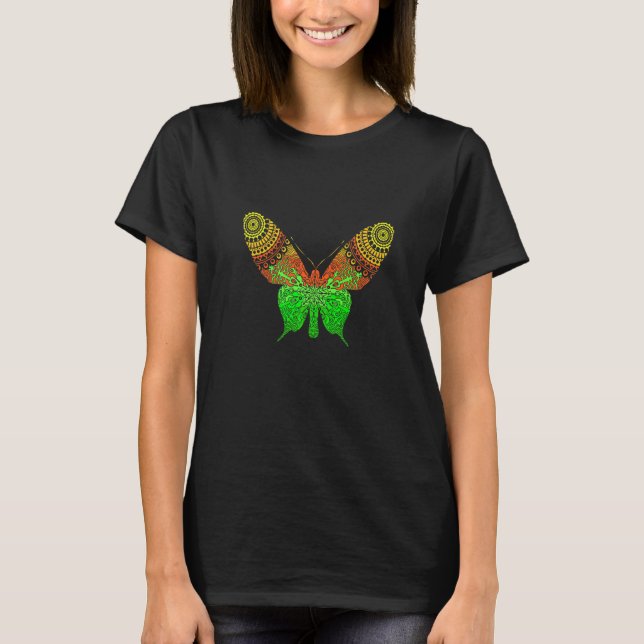 Camiseta Mandala de Borboleta Cores Vibrantes Tatuagem (Frente)