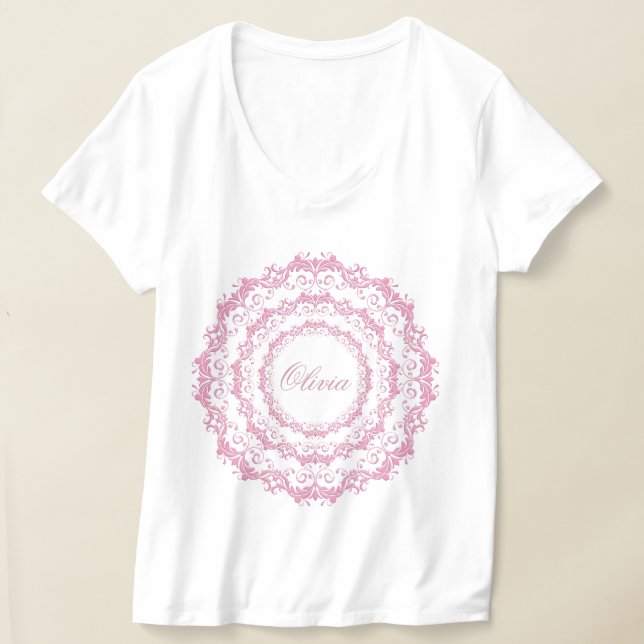 Camiseta Mandala étnica cor-de-rosa floral. Nome. (Postura )