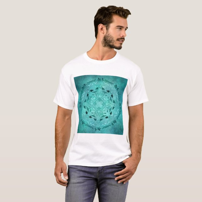 Camiseta Mandala floral étnica do grunge de turquesa (Frente Completa)