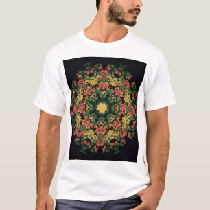 Camiseta Mandala Floral: vermelha, vindima amarela.