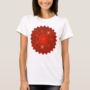 Camiseta Mandala Linhas Finas Cores Quentes Fundo Vermelho