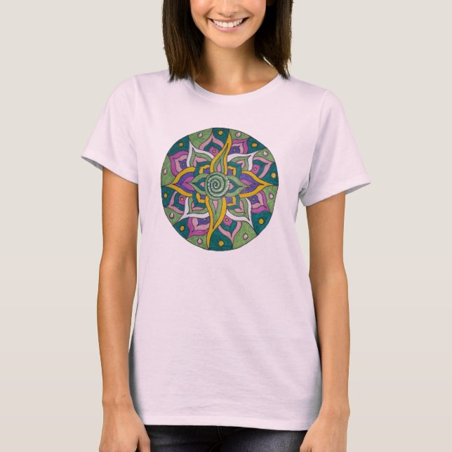 Camiseta Mandala Lotus Rosa/Verde (Frente)