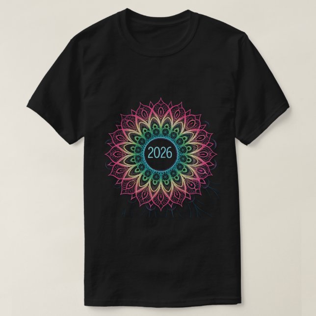 Camiseta Mandalala Fractal Psicodélico de 2026 com Neon (Frente do Design)