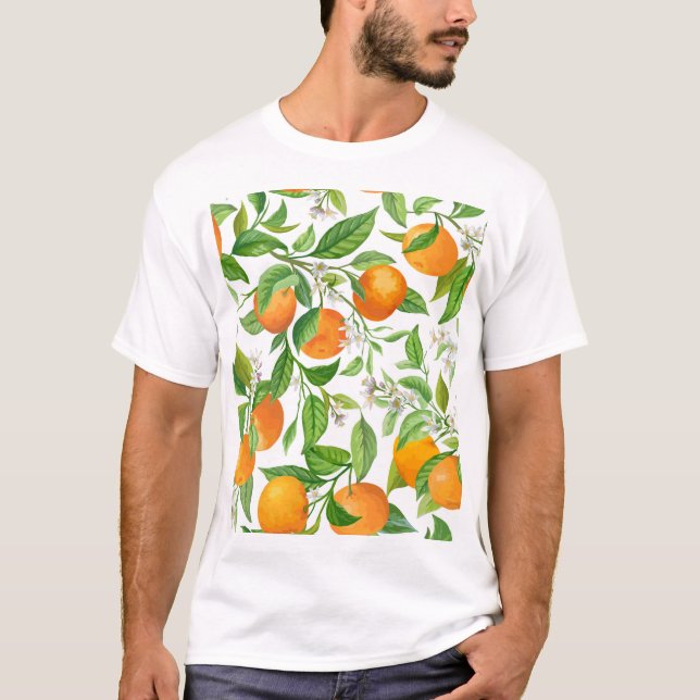 Camiseta Mandarina: Padrão Colorido Tropical (Frente)