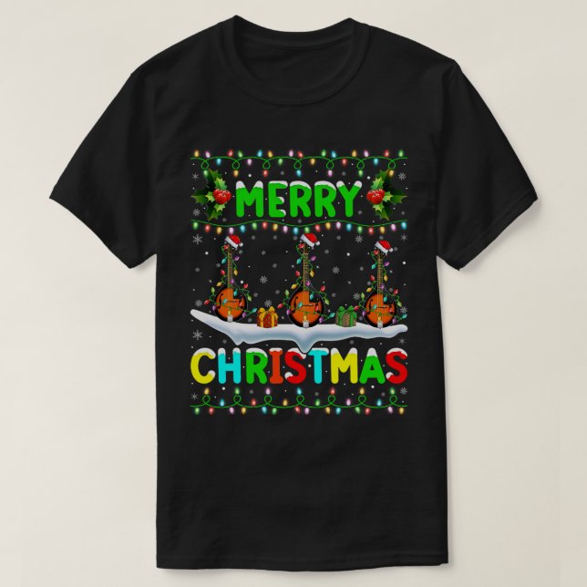 Camiseta Mandolin Lover Xmas Mandolin Iluminação Santa Hat (Frente do Design)