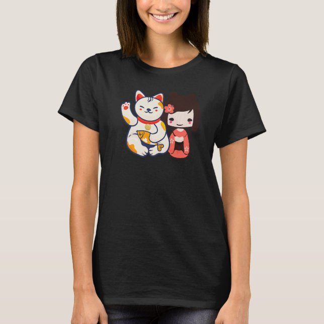 Camiseta Maneki Neko Lucky Beccando Gato Com Garota Gira (Frente)