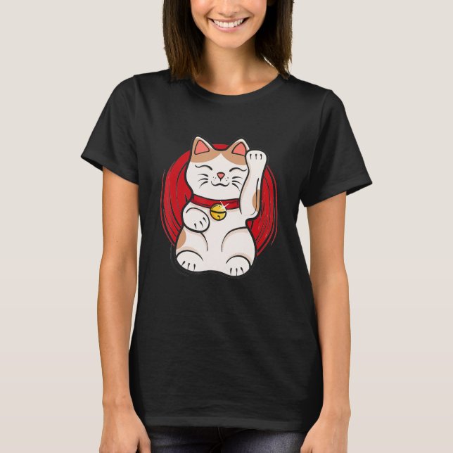 Camiseta Maneki Neko Lucky Cat Estátua acenando Estilo Japo (Frente)
