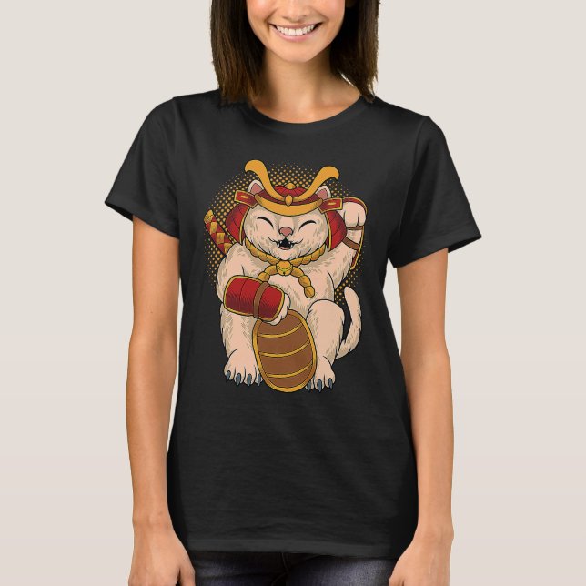 Camiseta Maneki Neko Samurai Japão Sortudo Gato Gato Sortud (Frente)