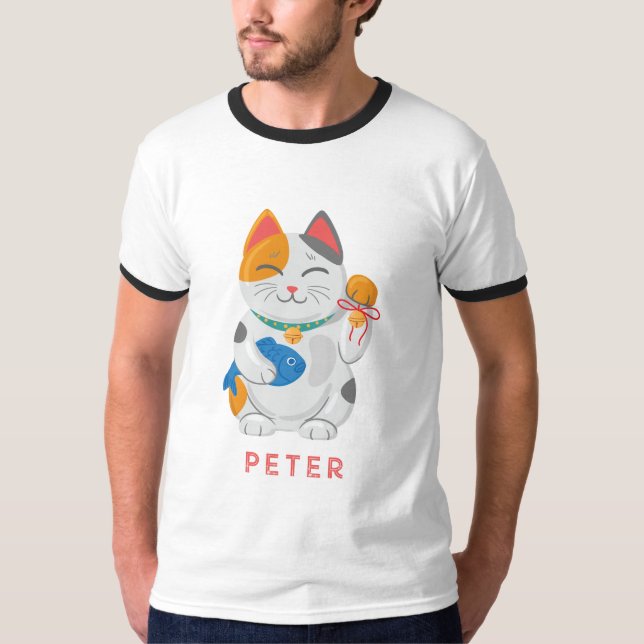 Camiseta Maneki Neko White Cat, símbolo de boa sorte (Frente)
