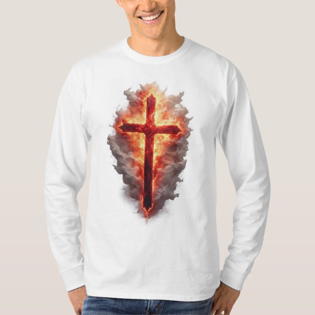 Camiseta Manga Longa com Cruz Cristã Flamejante Ma (Frente)