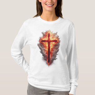 Camiseta Manga Longa Cruz Cristã Flamejante Femini