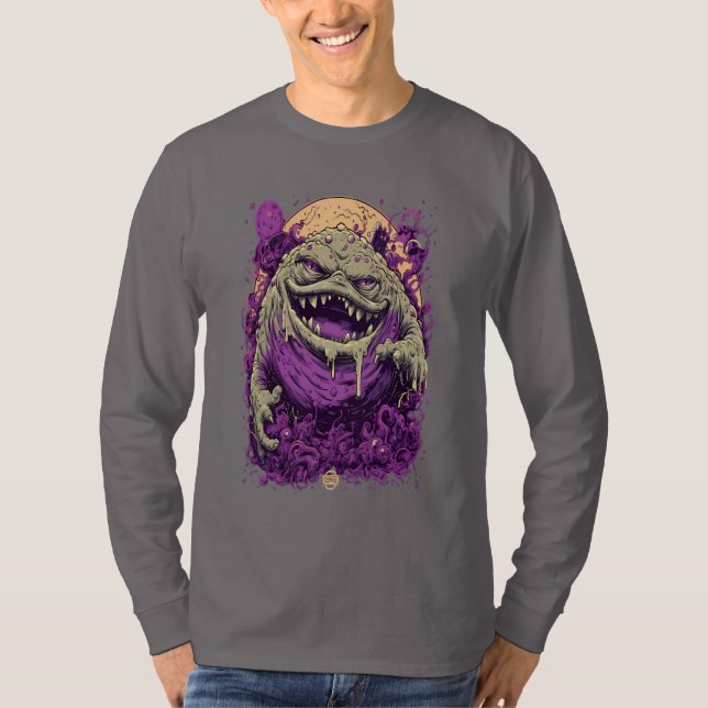 Camiseta Manga Longa Monstro Roxo Quadrinho Sombri (Frente)