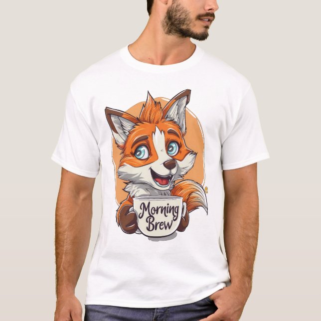 Camiseta Manhã Brew" Fox Café Lover Whimsical Acordar Up (Frente)