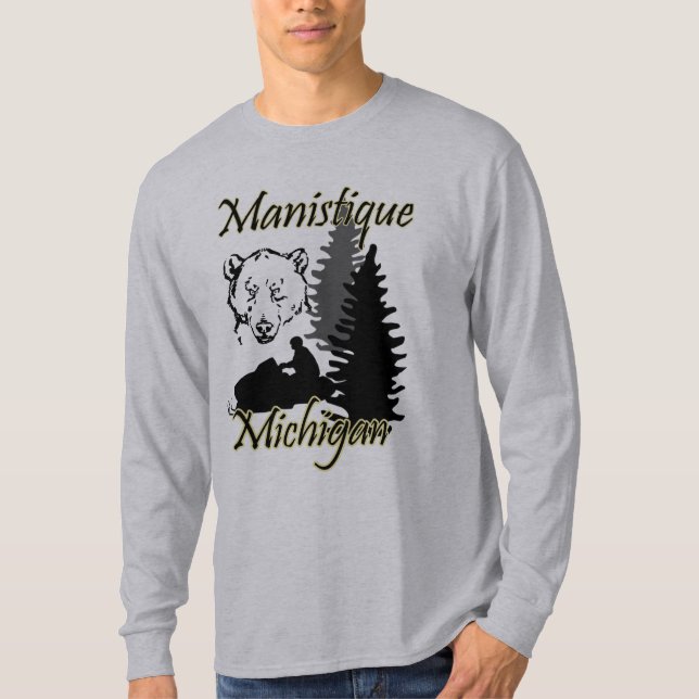 Camiseta Manistique Michigan Snowmobile Bear Cinza (Frente)