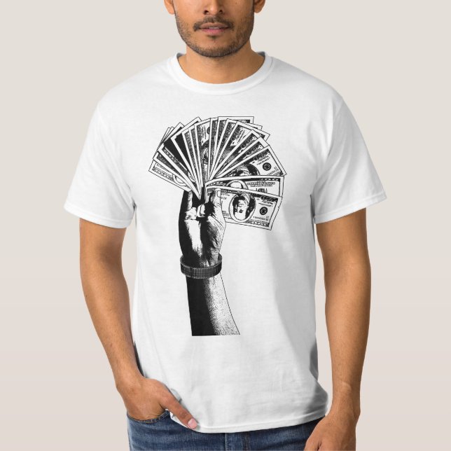 Camiseta Mans hand Holding 100 Dólares Títulos Dinheiro art (Frente)