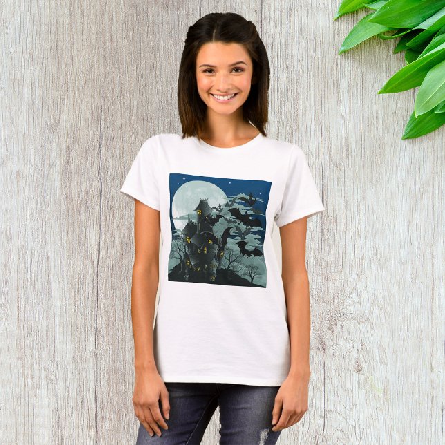 Camiseta Mansão Assombrada e Morcegos Lua Cheia Assustadora (Criador carregado)