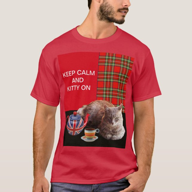 CAMISETA "MANTENHA A CALMA E O GATINHO LIGADOS", RED TARTAN (Frente)