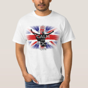 Camiseta Mantenha a calma e o Rock na bandeira do Reino Uni