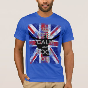 Camiseta Mantenha a Calma e Rock On Bandeira do Reino Unido