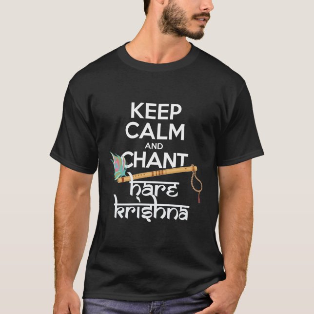 Camiseta Mantenha calma e o Hare Chant Krishna Mantra canta (Frente)