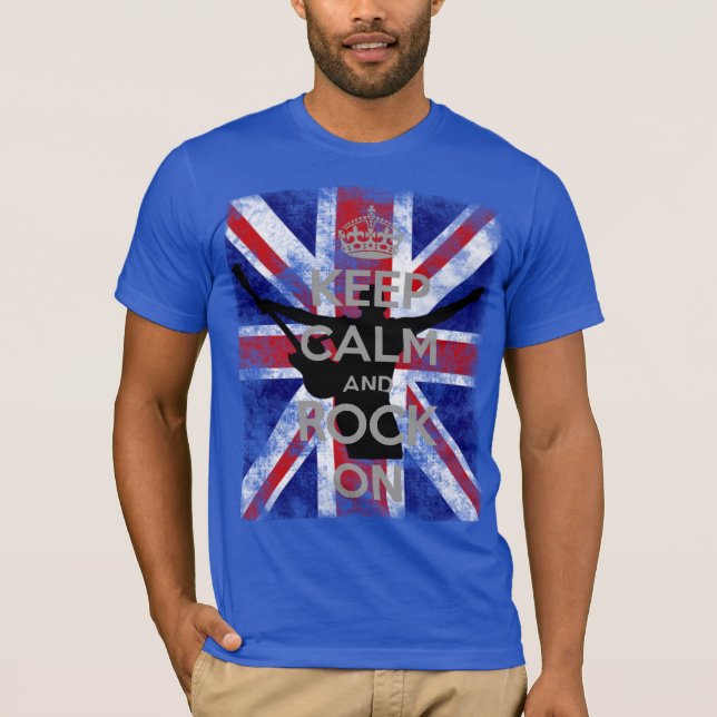 Camiseta Mantenha Calma e Rock na Bandeira do Reino Unido (Frente)