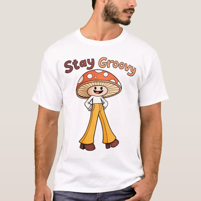 Camiseta Mantenha Groovy sorrindo Cogumelo 70s retrô (Frente)