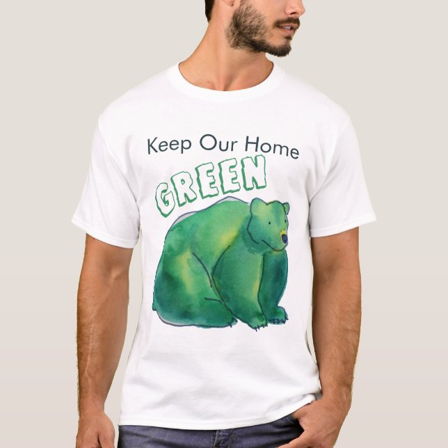 Camiseta Mantenha nosso Urso de Aquarela Verde em Casa (Frente)