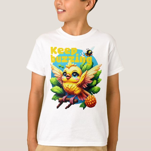 Camiseta Mantenha o Buzzy Amarelo em meio a folhas verdes (Frente)