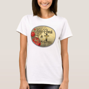 Camiseta Mantenha o cristo no Natal, ouro/cristão vermelho