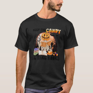 Camiseta Mantenha o doce Eu pego livros Skeleton Pumpkin Fa