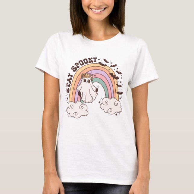 Camiseta Mantenha-se assustado, Ghost Rainbow Retro Hallowe (Frente)