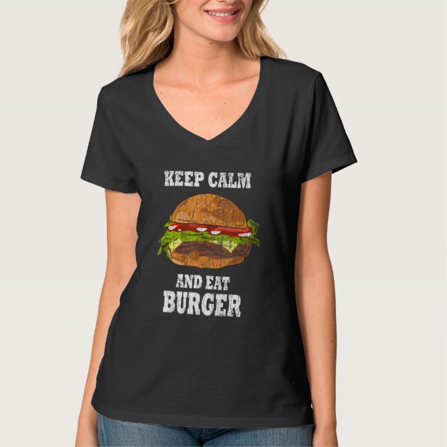Camiseta Mantenha-Se Calmo E Coma O Burger Cheeseburger Grá (Frente)