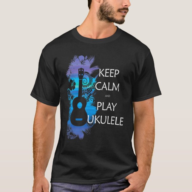 Camiseta Mantenha-Se Calmo E Jogue Ukulele Tribal Colorido (Frente)