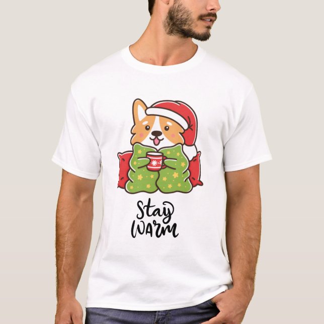Camiseta Mantenha-se quente Natal Corgi Santa Hat Feriado (Frente)