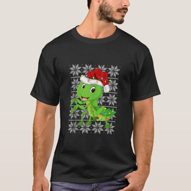 Camiseta Mantis Christmas Lights Reindeer Santa Hat Mantis (Frente)