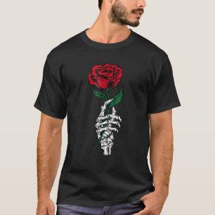 Camiseta Mão branca com palheta segurando Rosa floresce Fun