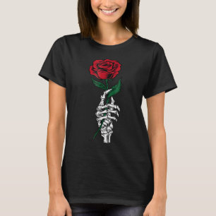Camiseta Mão de Esqueleto Branco Segurando Flor de Rosa Eng