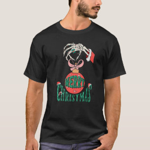 Camiseta Mão de Esqueleto Feliz de Natal com Ornamento de X