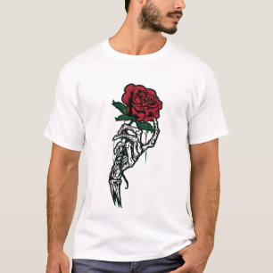 Camiseta Mão de Esqueleto Segurando Rosa Vermelha — Dia dos