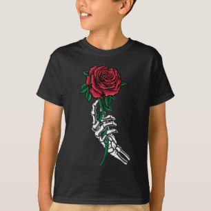 Camiseta Mão De Esqueleto Segurando Um Bolso De Rosa vermel