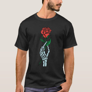 Camiseta Mão De Esqueleto Segurando Um Rosa De Mott De Rosa